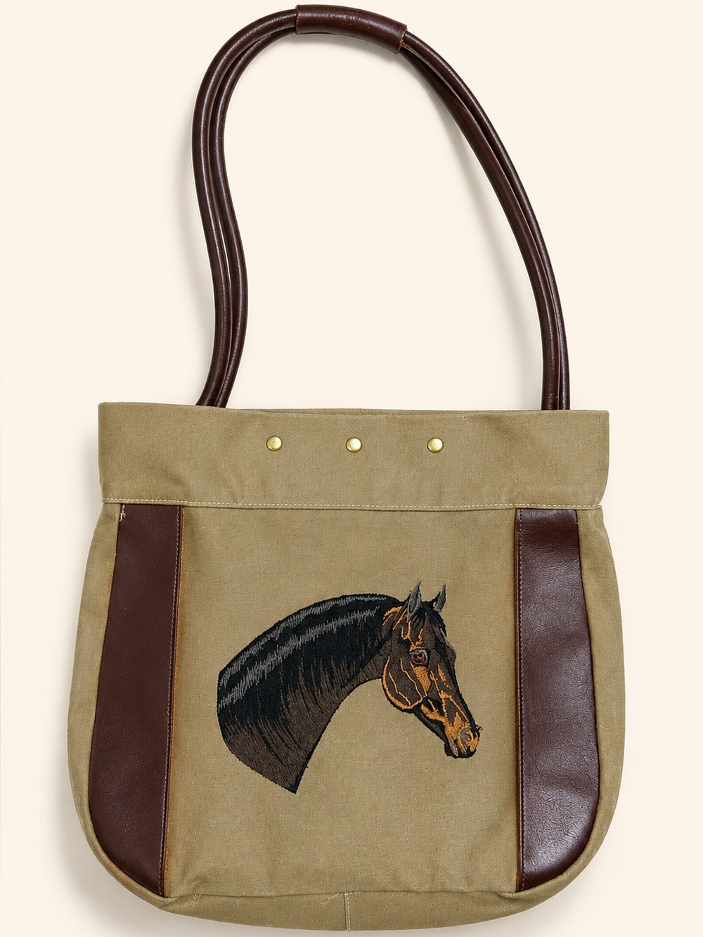 Vintage Horse Embroidered Canvas Tote Brown Leather Trim Bag